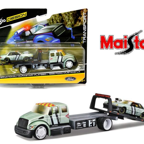 Maisto Design 1:64 International Durastar Flatbed and 1988 Ford Mustang LX (Light Green Metallic) – Elite Transport