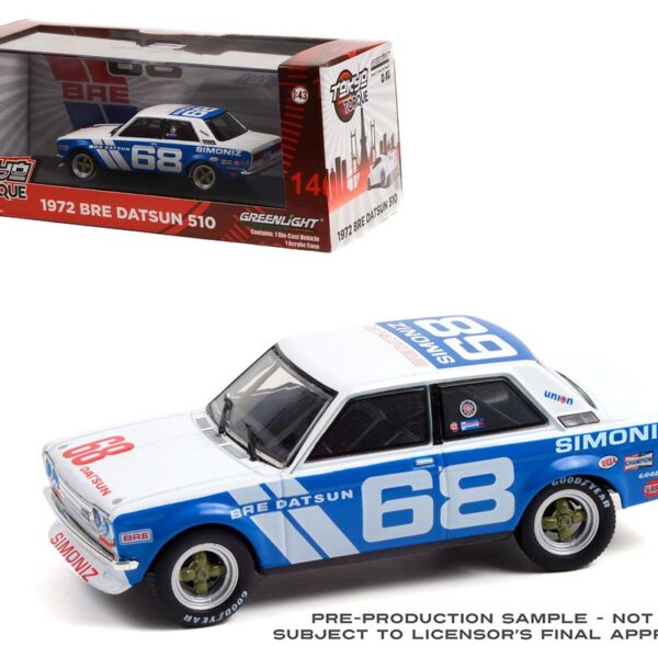 Greenlight 1:43 Tokyo Torque – 1972 BRE Datsun 510 #68 Guest Car – Peter Gregg – White/Blue