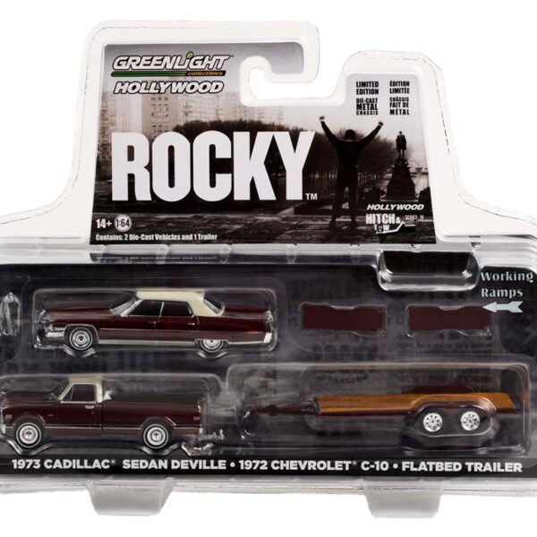 Greenlight 1:64 Hollywood Hitch & Tow Series 10 – Rocky – 1973 Cadillac Sedan DeVille – 1972 Chevrolet C10 and Flatbed Trailer