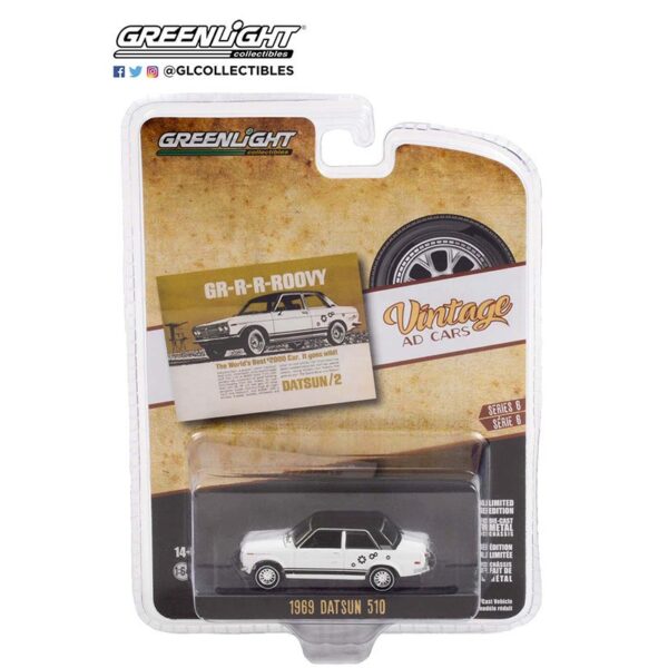 Greenlight 1:64 Vintage Ad Cars Series 6 – 1969 Datsun 510 (White with black top)