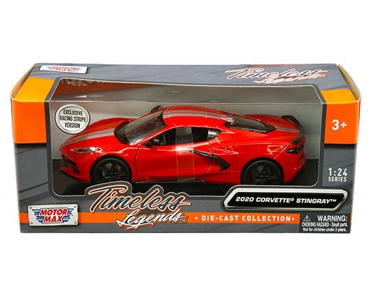 Motormax 1:24 2020 Chevrolet Corvette C8 Stingray Silver Stripes -Timeless Legends