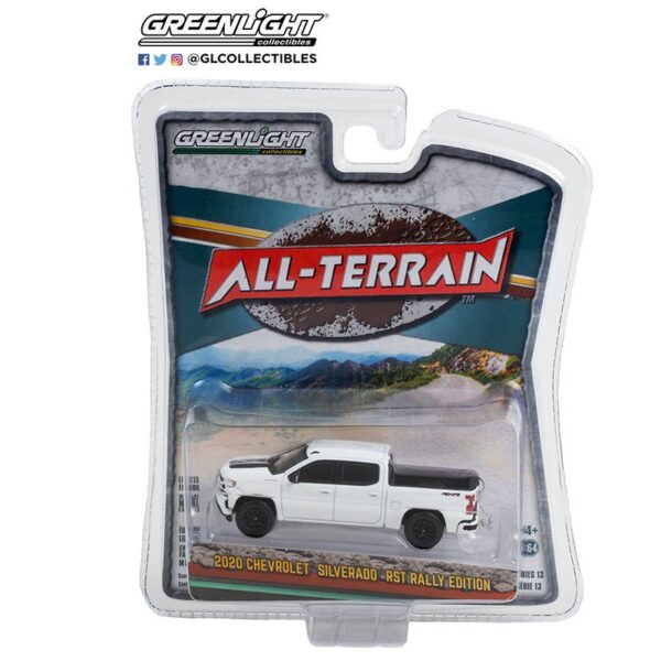 Greenlight 1:64 All-Terrain Series 13 – 2020 Chevrolet Silverado RST Rally Edition – Summit White with Black Stripes