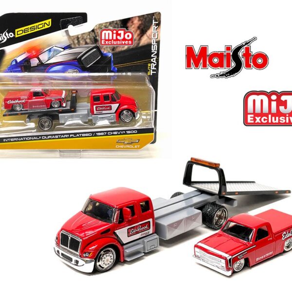 Maisto 1:64 International Durastar Flatbed With 1987 Chevy Silverado 1500 Edelbrock Limited 3,600 – Mijo Exclusives – Elite Transport