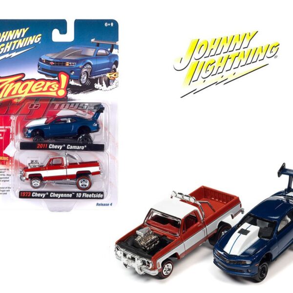 Johnny Lightning 1:64 Theme 2 Pack – Zingers 2011 Chevy Camaro & 1973 Chevrolet Cheyenne 10 Fleetside B