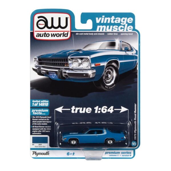 Auto World 1:64 1973 Plymouth Road Runner (Basin Street Blue with White Side and Roof Stripes) – Premium 2022 Release 1 Version B – Vintage Muscle – Solid Pack
