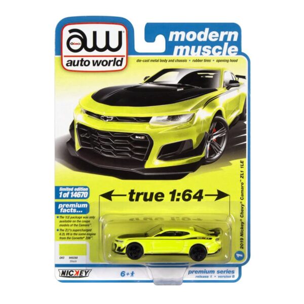 Auto World 1:64 2019 Nickey Chevrolet Camaro ZL1 1LE (Shock Yellow with Flat Black Side Stripes) – Premium 2022 Release 1 Version B – Modern Muscle – Solid Pack