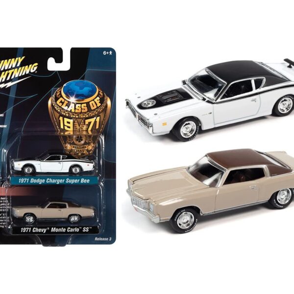 Johnny Lightning 1:64 1971 Dodge Charger Super Bee (White) and 1971 Chevrolet Monte Carlo SS (Beige) – 2-Packs 2021 Release 3 Version B – Class of 1971