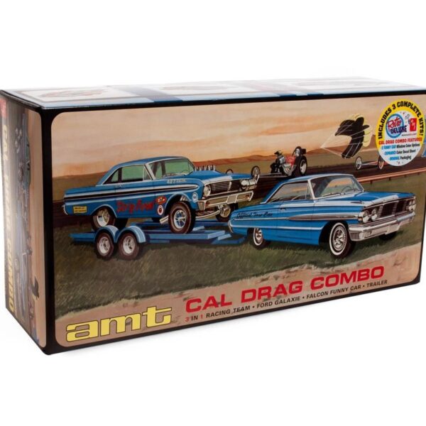 AMT Model Kit 1:25 Cal Drag Combo 1964 Ford Galaxie with AWB Falcon Funny Car and Trailer 3 in 1 Racing Team Kit (Molded in white)