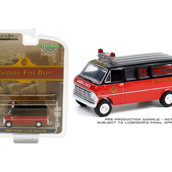 Greenlight 1:64 Hobby Exclusive 1969 Ford Club Wagon Ambulance Red/Black Chicago Fire Department