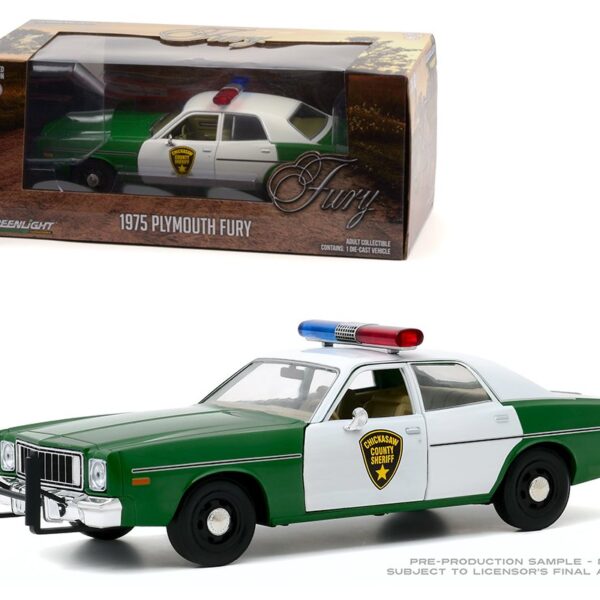 Greenlight 1:24 Window Box 1975 Plymouth Fury Chickasaw County Sheriff (Green and White)