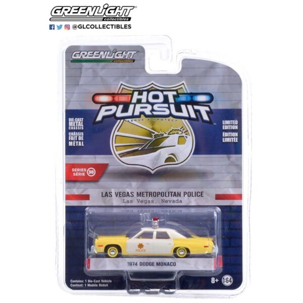 Greenlight 1:64 Hot Pursuit Series 38 1974 Dodge Monaco (Yellow and White) Las Vegas Metropolitan Police