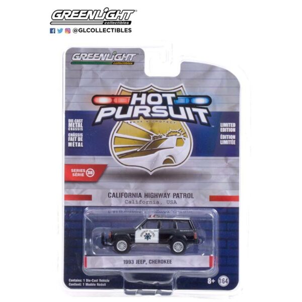 Greenlight 1:64 Hot Pursuit Series 38 1993 Jeep Cherokee (Black and White) California Highway Patrol (CHP)