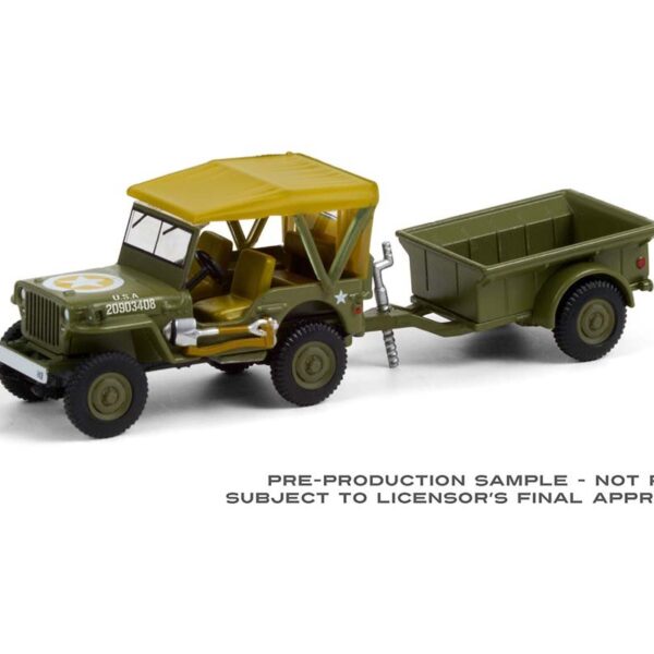 Greenlight 1:64 Hitch & Tow Series 22 – 1943 Willys MB Jeep with M5 Liquid Vesicant Detector Invasion Star and 1/4 Ton Cargo Trailer