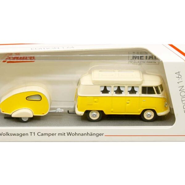 Schuco 1:64 Volkswagen T1 Camper with Caravan Yellow/White