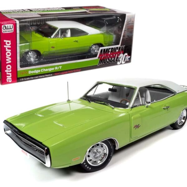 Auto World 1:18 1970 Dodge Charger R/T Green with White Top – Hemmings Muscle Machines – American Muscle 30th Anniversary