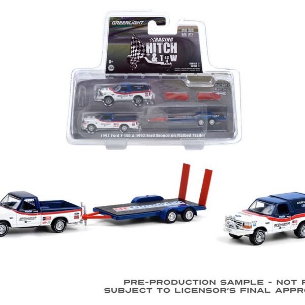 Greenlight 1:64 Racing Hitch & Tow Series 3 – 1992 Ford F-150 and 1992 Ford Bronco BFGoodrich Rough Riders on Flatbed Trailer