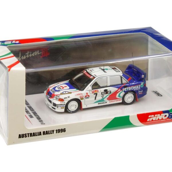 INNO Models 1:64 Mitsubishi Lancer Evolution III #7 Australia Rally 1996 (White/Blue)