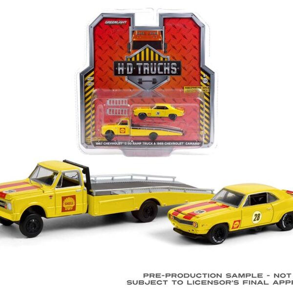 Greenlight 1:64 H.D. Trucks Series 20 – 1967 Chevrolet C-30 Ramp Truck Shell Oil with 1969 Chevrolet Camaro Shell Oil Trans Am Solid Pack
