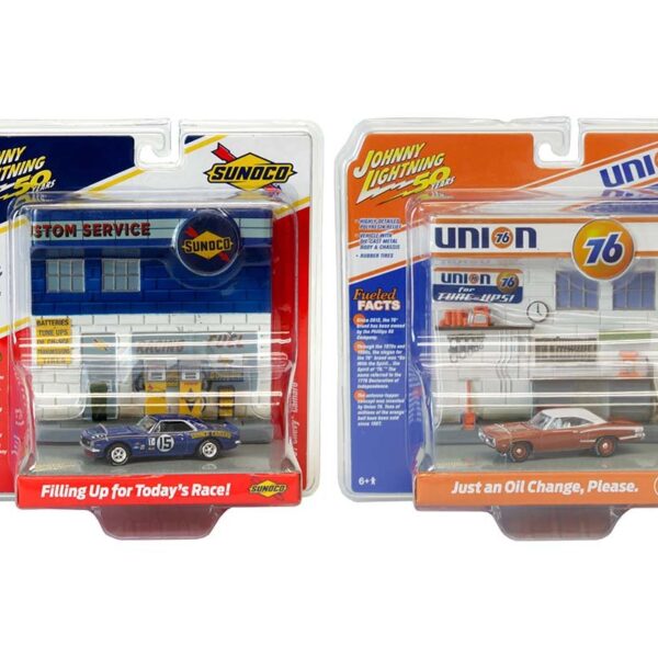 Johnny Lightning 1:64 Diorama 2019 Release 2 – Union 76 with 1970 Dodge Coronet Superbee & Sunoco with 1967 Chevrolet Camaro