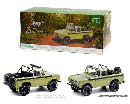 Greenlight 1:18 Artisan Collection – 1975 Ford Bronco Sport – Medium Green Glow with Sunraysia Wheels, Tow Mirrors, Custom Roll Bar and Tube Front Bumper