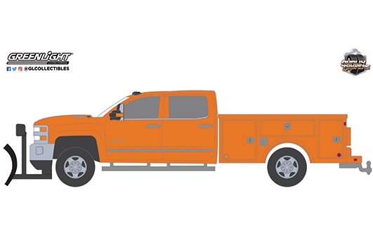 Greenlight 1:64 Dually Drivers Series 6 – 2018 Chevrolet Silverado 3500 Dually Service Bed – Tangier Orange with Snow Plow Solid Pack