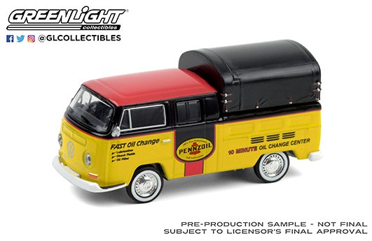 Greenlight 1:64 Blue Collar Collection Series 8 – 1968 Volkswagen Doka with Canopy – Pennzoil Oil Shop Solid Pack (Black/Yellow)