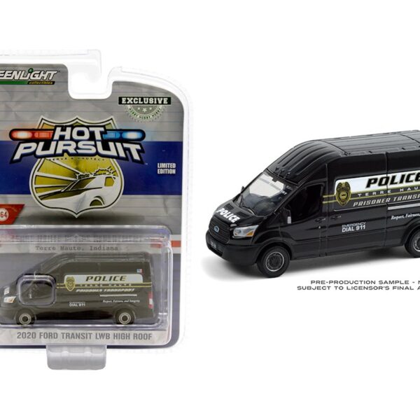 Greenlight 1:64 Hobby Exclusive Hot Pursuit – 2020 Ford Transit LWB High Roof – Terre Haute Police Department – Black