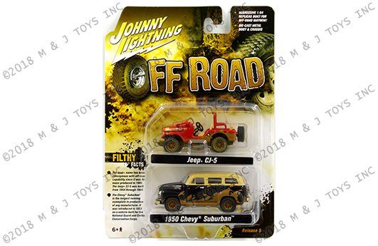 Johnny Lightning 1:64 Themed 2-Pack Release 5 – Off Road – Jeep CJ-5 (Red) & 1950 Chevrolet Suburban (Black/Beige)