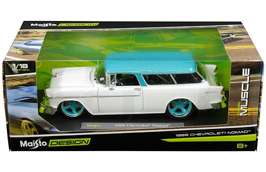Maisto Design 1:18 Classic Muscle – 1955 Chevrolet Nomad (White/Turquoise)