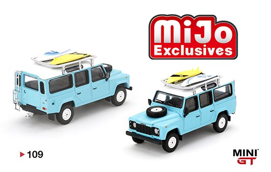Mini GT 1:64 MiJo Exclusives – Land Rover Defender 110 with Rack & Surfboard – Limited 1,200 pieces