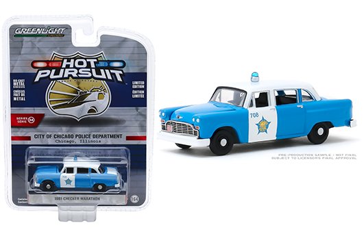 Greenlight 1:64 Hot Pursuit Series 34 – 1961 Checker Marathon (Blue/White) – Chicago Police