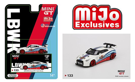 MINI GT 1:64 Mijo Exclusive LB WORKS Nissan GT-R R35 Type 1 Rear Wing Martini Racing Limited 2,400 Pcs White