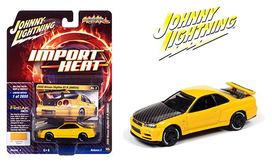 Johnny Lightning 1:64 Street Freaks – Import Heat – 2000 Nissan Skyline GT-R (BNR34) – Lightning Yellow – Limited to 2,600 pieces