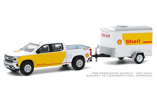 Greenlight 1:64 Hitch & Tow Series 20 – 2019 Chevrolet Silverado Shell Oil and Small Shell Oil Cargo Trailer (White/Yellow)