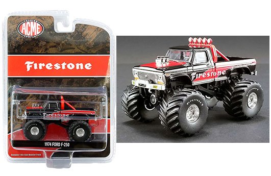 Greenlight 1:64 ACME – 1974 Ford F-250 Monster Truck – Firestone (Red/Black)