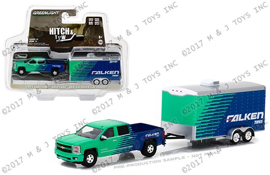 Greenlight 1:64 Hitch & Tow Series 11 – 2015 Chevrolet Silverado and Enclosed Car Trailer- Falken Tire