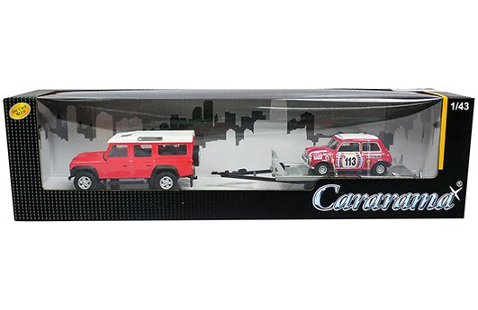Cararama 1:43 Land Rover Defender 110 with Trailer and Mini Cooper British Racing #113 (Red/White)