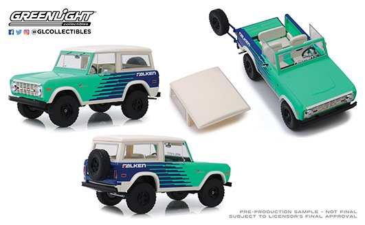Greenlight 1:18 Artisan Collection – 1976 Ford Bronco (Green/Blue with White Top) – Falken Tires