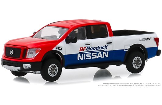 Greenlight 1:64 Tokyo Torque Series 6 – 2018 Nissan Titan XD Pro-4X BFGoodrich Nissan Baja Desert Tribute (Red/White/Blue)