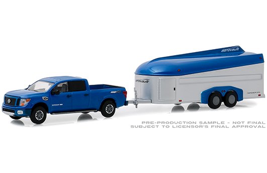 Greenlight 1:64 Hitch & Tow Series 17 – 2018 Nissan Titan XD Pro-4X and Aerovault MKII Trailer (Blue, Blue/Grey)