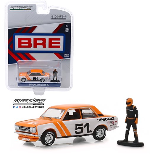 Greenlight 1:64 Bishop Exclusive 1971 Datsun 510 Wide Body BRE #51 With Racing Figure