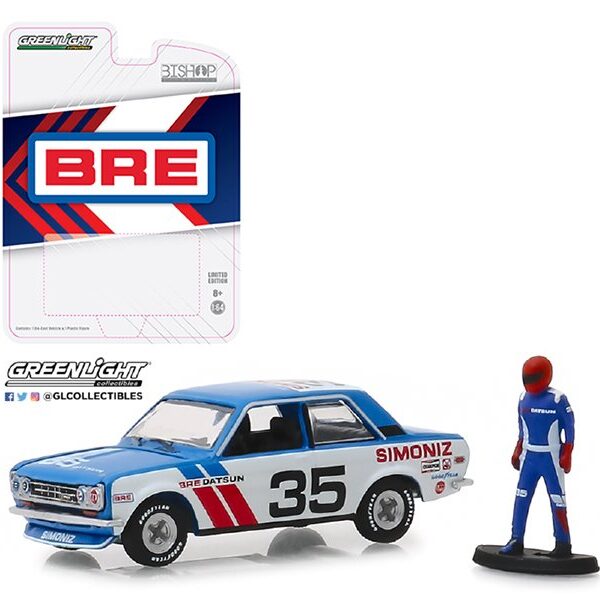 Greenlight 1:64 Bishop Exclusive 1971 Datsun 510 Wide Body BRE #35 With Racing Figure