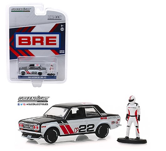 Greenlight 1:64 Bishop Exclusive 1971 Datsun 510 Wide Body BRE #22 With Racing Figure