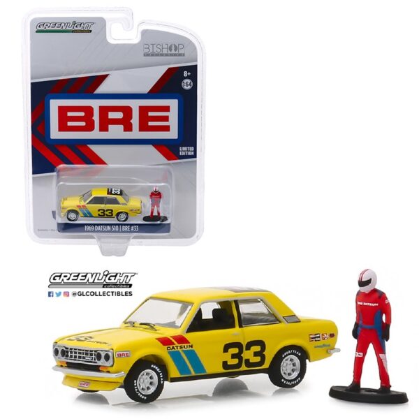 Greenlight 1:64 Bishop Exclusive 1971 Datsun 510 Wide Body BRE #33 With Racing Figure