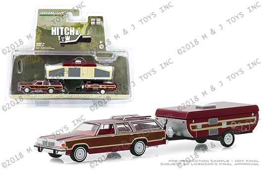 Greenlight 1:64 Hitch & Tow Series 16 – 1981 Ford LTD Country Squire and Pop-Up Camper Trailer (Burgundy/Wood)