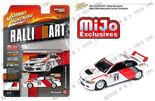 Johnny Lightning 1:64 MiJo Exclusive – 2004 Mitsubishi Lancer Evolution – Import Heat – RalliArt (White)