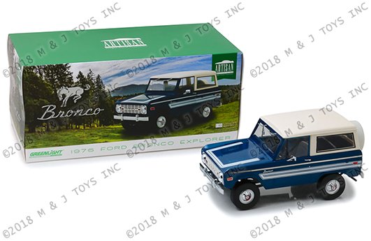 Greenlight 1:18 Artisan Collection – 1976 Ford Bronco “Explorer Package” (Blue with White Top)